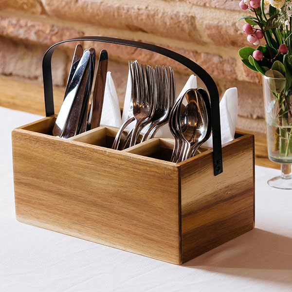 LEONE CUTLERY BOX ACACIA W/HANDLE 26 Soteriou Professional