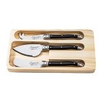 LAGUIOLE CHEESE KNIVES BLACK S/3 IN WOODEN TRAY